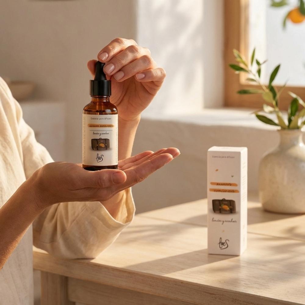 Manos sosteniendo la esencia para difusor Nuevos Comienzos LoeS limón y azahar con caja al fondo, luz natural cálida – D'Arome