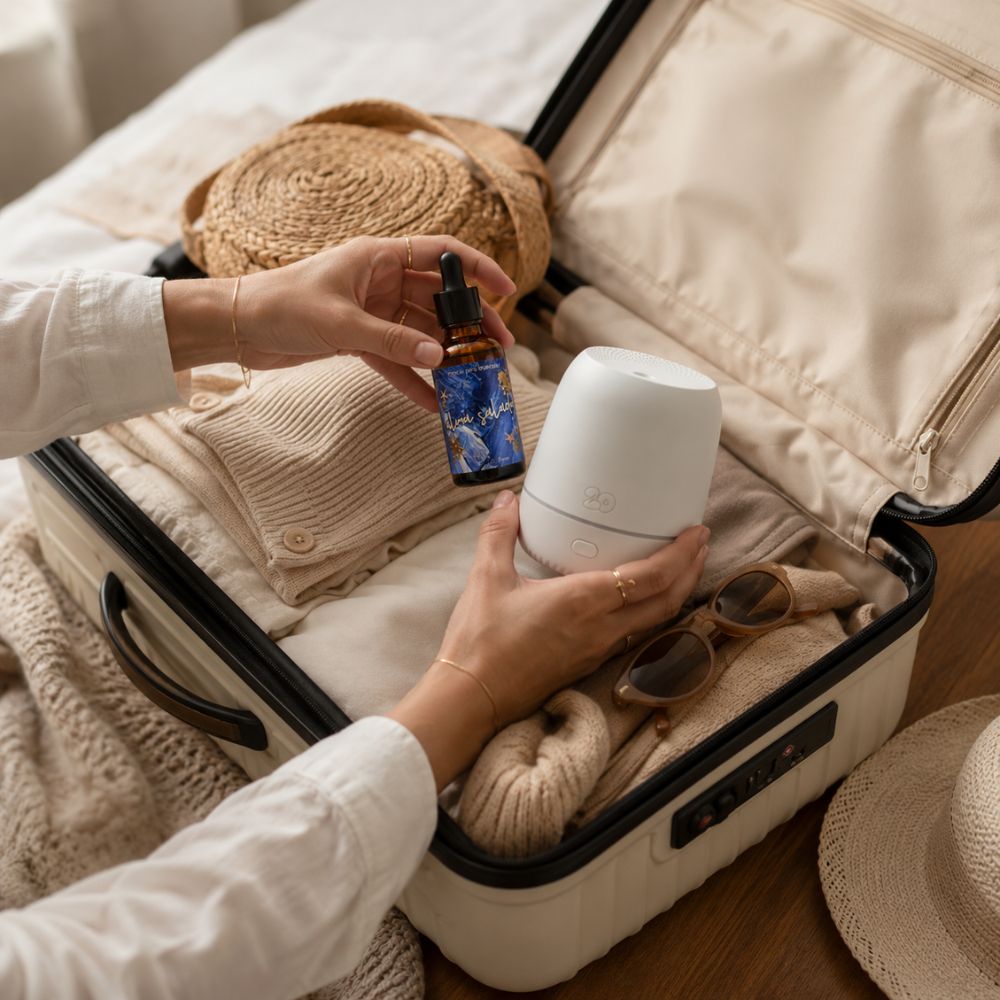 Esencia para brumizador Alma Salada de LoeS y difusor Sira portátil guardados en maleta de viaje con ropa de verano, gafas de sol y sombrero de paja, aromaterapia de viaje – D'Arome