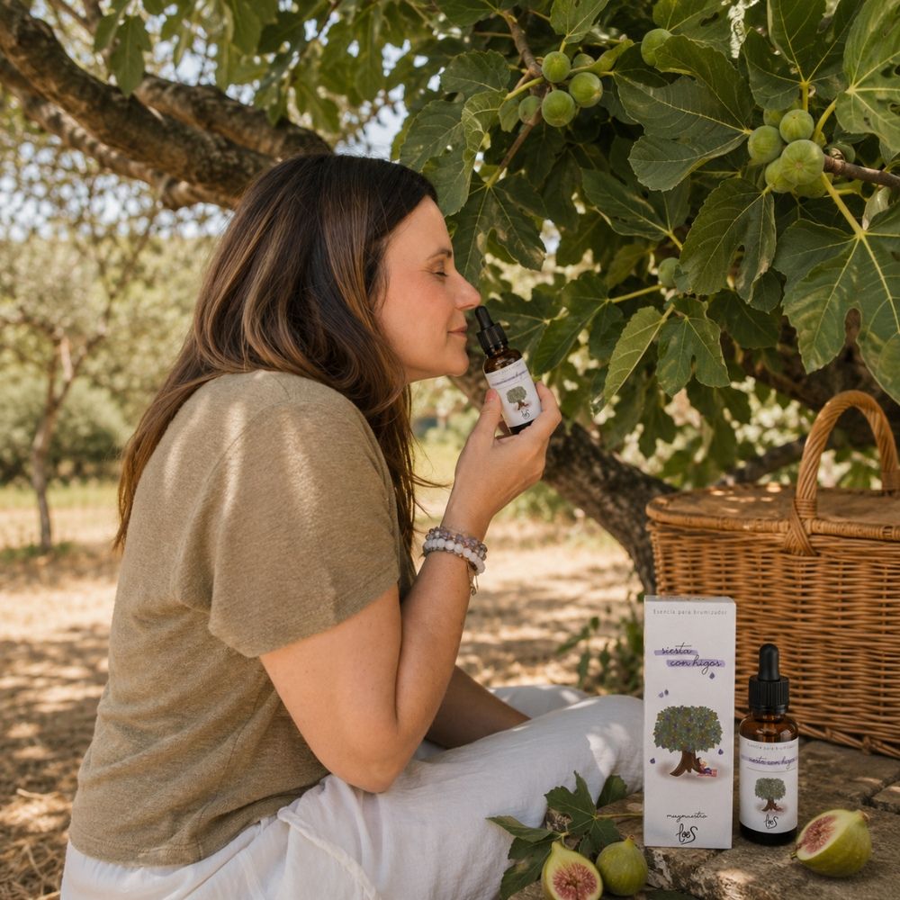 Mari Carmen oliendo la esencia Siesta con Higos LoeS bajo una higuera real con frutos maduros — el recuerdo en el que está inspirado este aroma de D'Arome