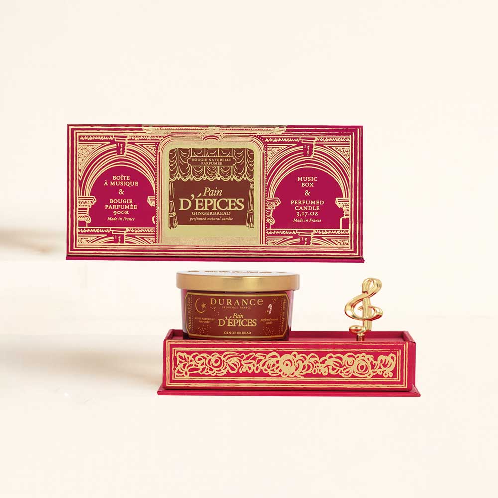 Composición del estuche regalo Pain d'Épices Durance con caja de música y vela aromática natural incluida – D'Arome