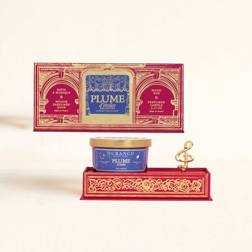 Composición del estuche regalo Pluma de estrellas Durance con caja de música y vela aromática natural incluida – D'Arom