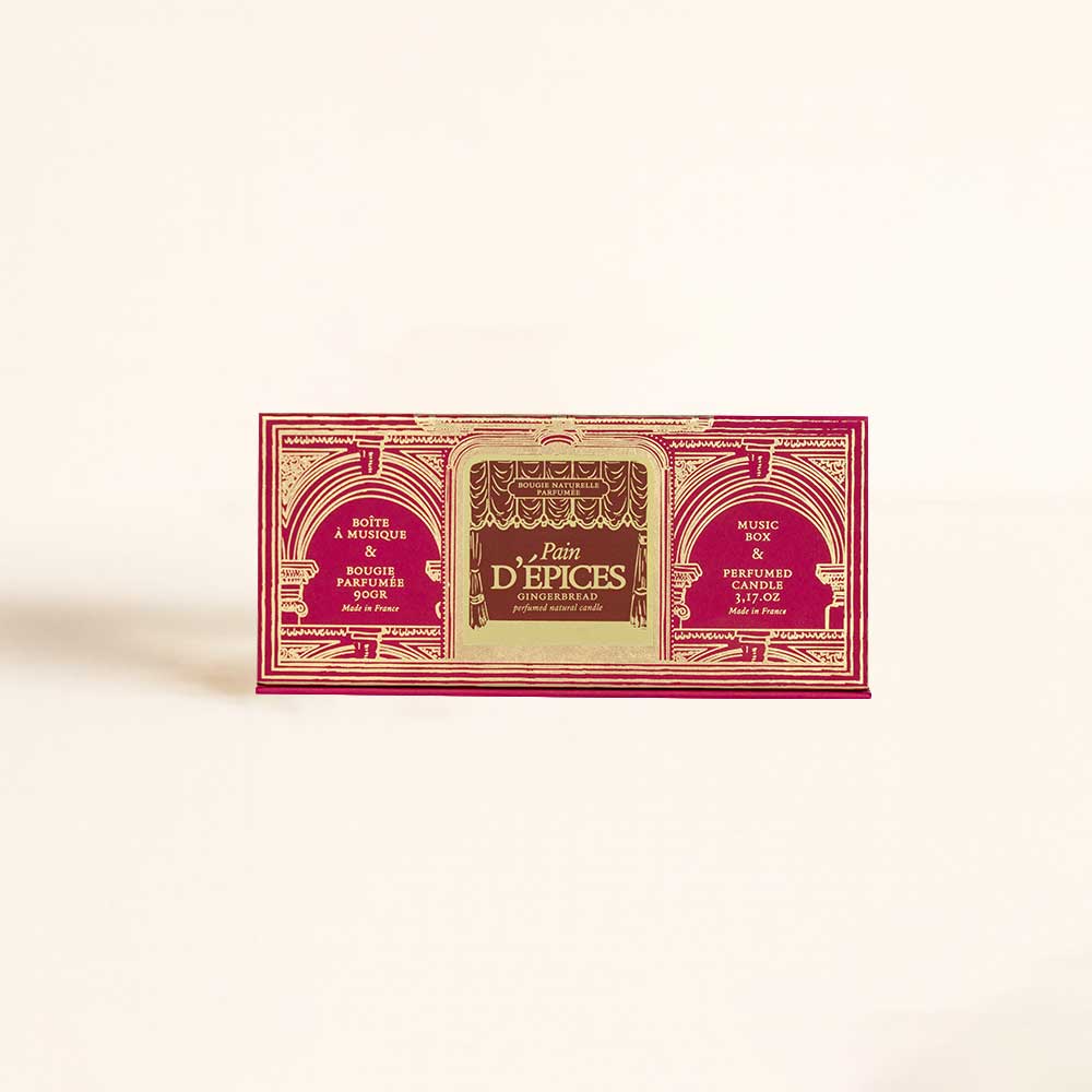 Estuche regalo navideño Pain d'Épices Durance con caja de música y vela perfumada, diseño de teatro rojo y marrón – D'Arome