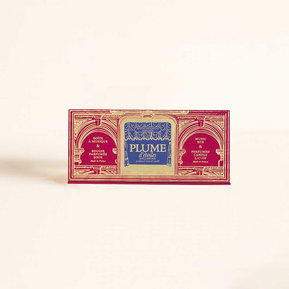 Estuche regalo navideño Pluma de estrellas Durance con caja de música y vela perfumada, diseño de teatro rojo y dorado – D'Arome