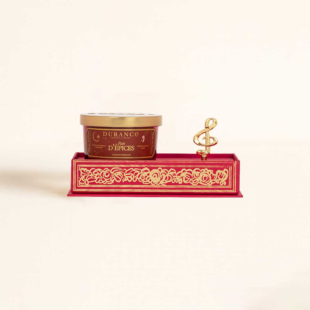 Caja de música con manivela dorada y vela aromática Pain d'Épices Durance de 90g, aroma a pan de jengibre – D'Arome