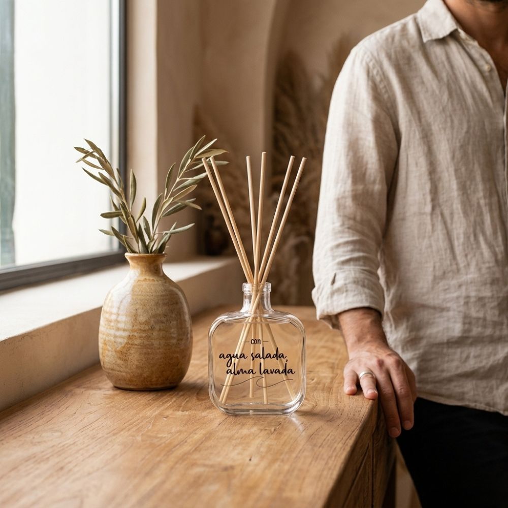 Hombre con camisa de lino apoyado en alféizar de madera junto al frasco mikado 200ml Agua Salada Alma Lavada de LoeS, jarrón cerámico y rama de olivo – D'Arome