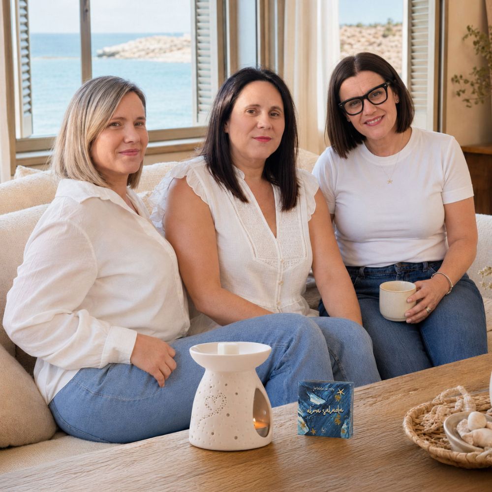 Las tres hermanas Darome —Ana Belén, Paqui (cofundadoras) y María Carmen (CEO y experta en aromas)— disfrutan de las tartaletas de cera Alma Salada de LoeS y su quemador en un salón con vistas al Mediterráneo – D'Arome