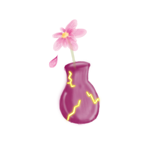 Ilustración de un jarrón kintsugi morado con grietas doradas y una flor rosa, símbolo de la filosofía del aroma IM-PERFECTA de LoeS