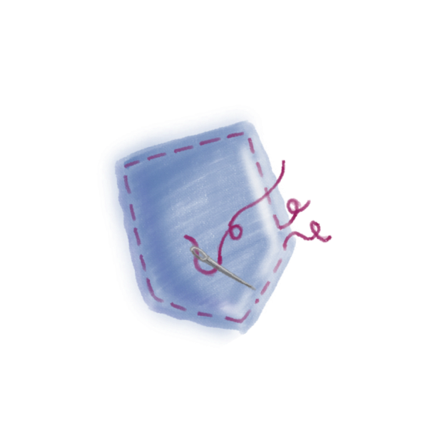 Ilustración de un bolsillo de tela remendado con hilo y aguja, símbolo de aceptación de las imperfecciones – colección IM-PERFECTA de LoeS