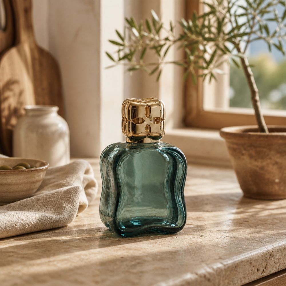 Lámpara catalítica Cosy Verde Maison Berger en cocina con decoración mediterránea aceitunas, enseres cocina y olivo