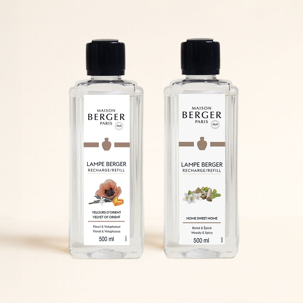 Pack líquidos lámpara catalítica orientales Maison Berger - Velvet of Orient 500ml + Home Sweet Home 500ml - Familia oriental amaderada especiada vainilla ámbar canela sándalo - Purifica aire elimina malos olores - D'Arome