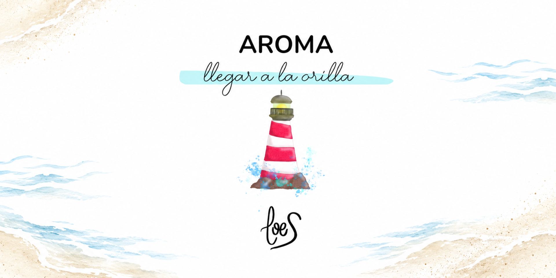 Logo e infografía del aroma de verano Llegar a la orilla, inspirado en las personas faro. Olas, arena y el faro que todo lo guia.