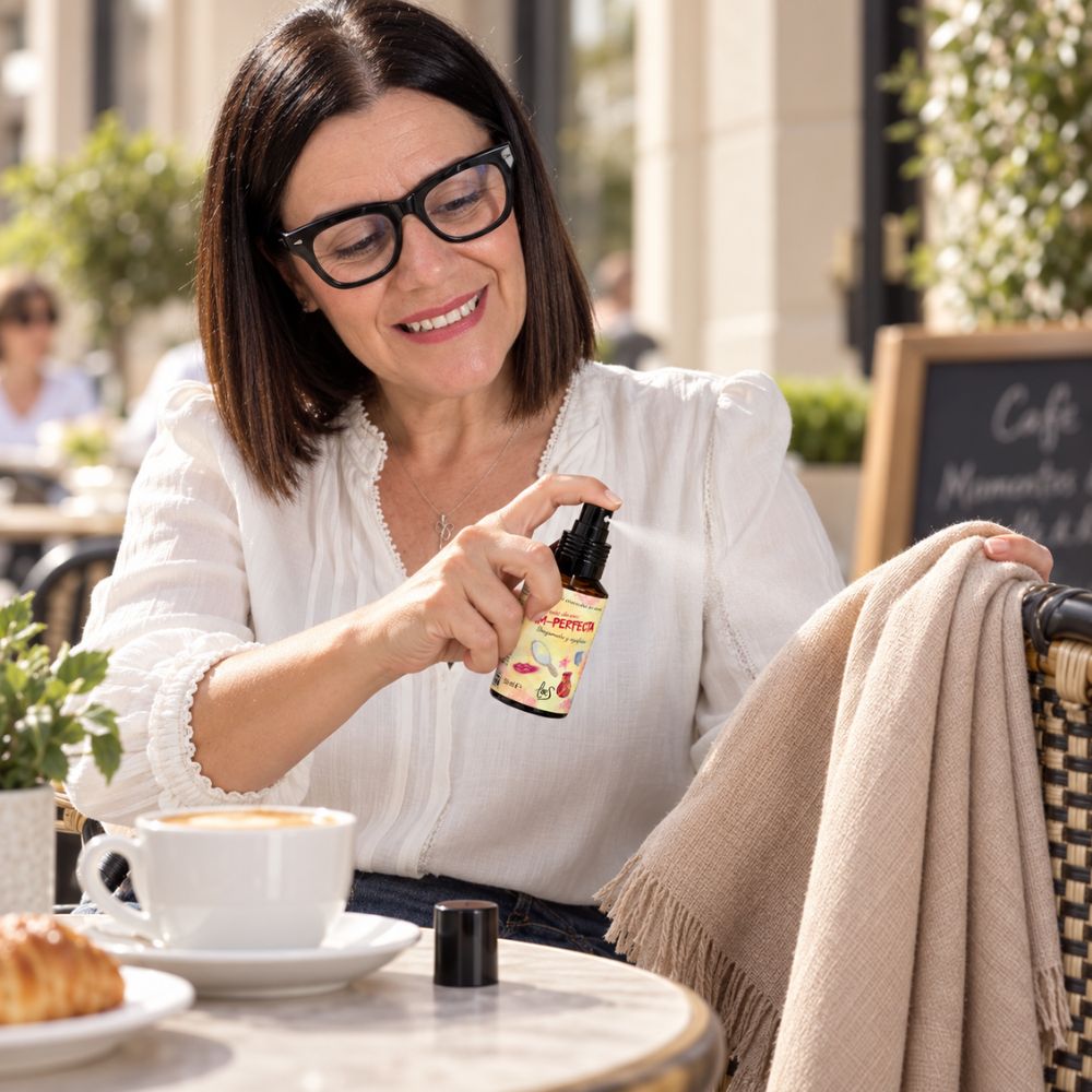 Mari Carmen, CEO y fundadora de D'Arome, usando el mini spray textil Im-Perfecta de LoeS sobre su chal en una terraza, un pequeño ritual de bienestar – D'Arome