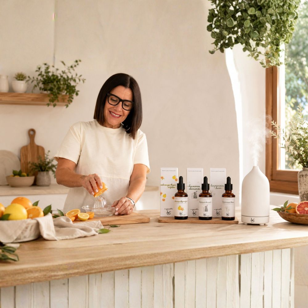 María Carmen, CEO y experta en aromas de D'Arome, exprimiendo una naranja fresca en cocina mediterránea junto al pack de aromas cítricos LoeS y brumizador cerámico encendido – D'Arome
