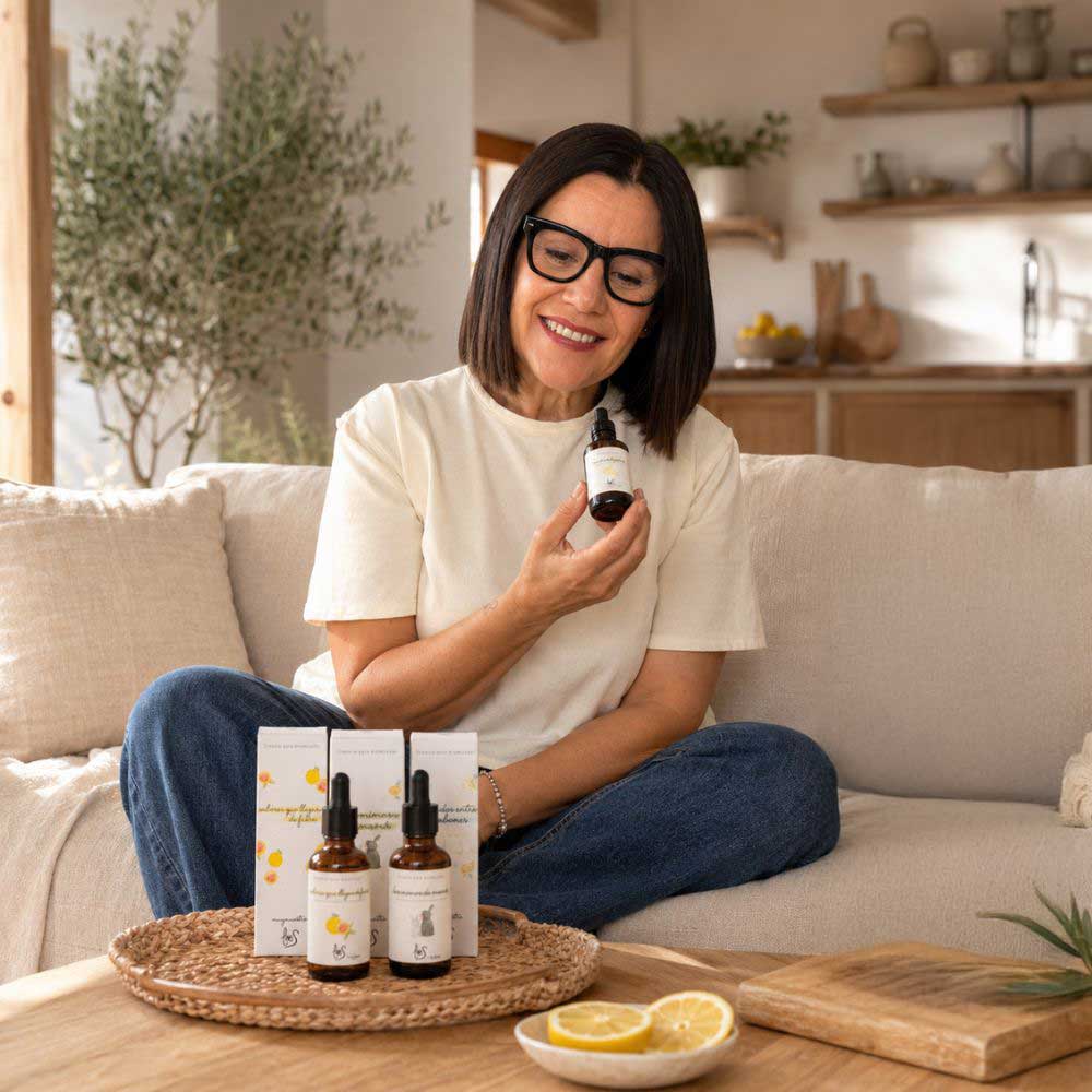 María Carmen, CEO y experta en aromas de D'Arome, sosteniendo y oliendo la esencia cítrica LoeS junto al brumizador cerámico en funcionamiento en salón rústico – D'Arome