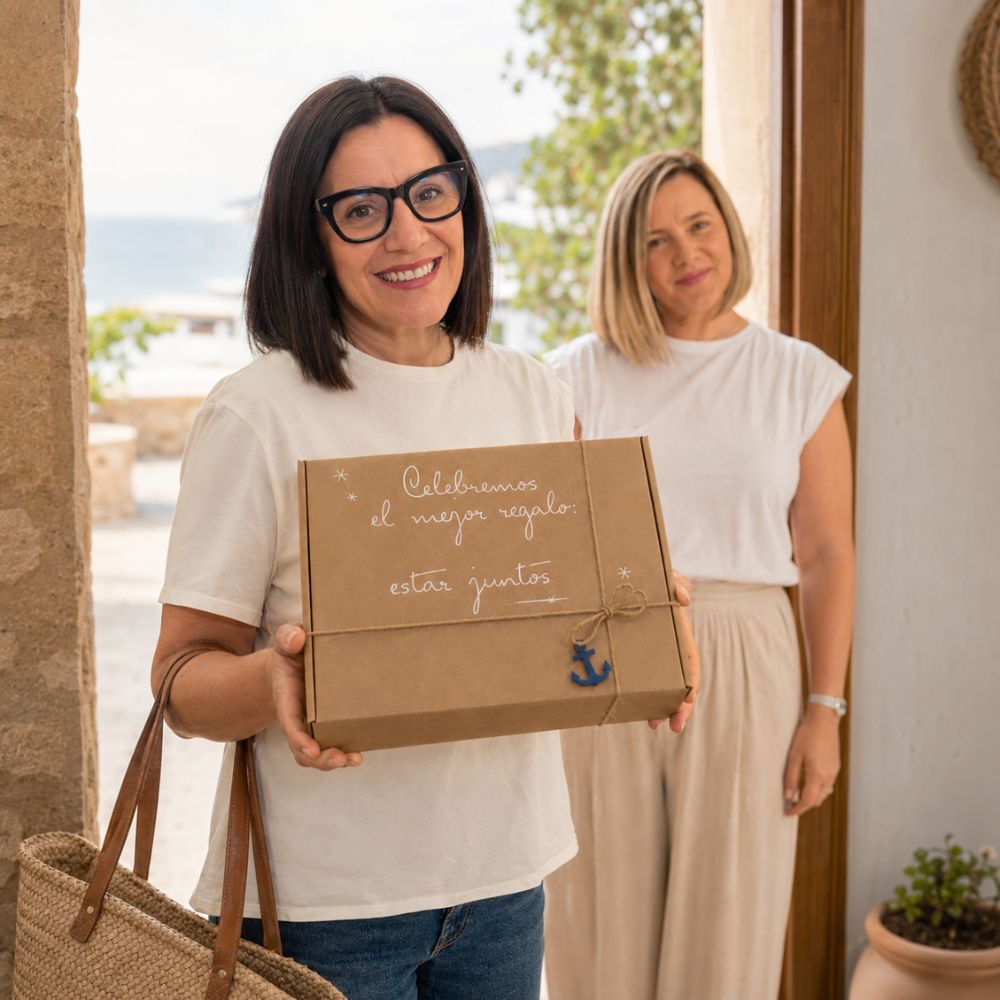 Mari Carmen, CEO y experta en aromas de D'Arome, sosteniendo el cofre regalo de verano "Celebremos el mejor regalo: estar juntos" de LoeS, con Ana Belén al fondo en ambiente mediterráneo – D'Arome