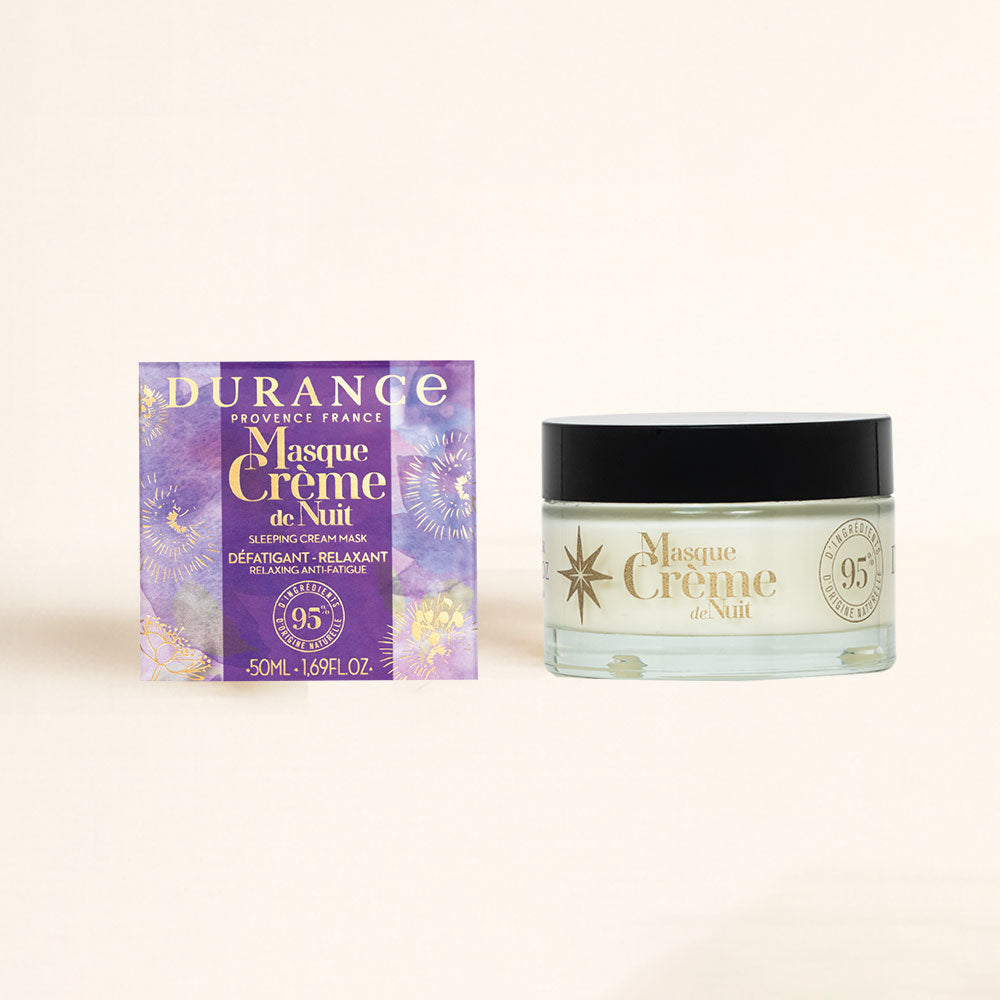 Mascarilla crema de noche Colección Serenidad Durance 50ml junto a su caja morada con estampado de estrellas doradas – D'Arom