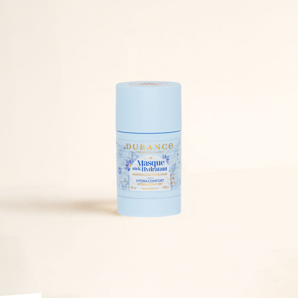 Mascarilla hidratante en formato barra con aceite de borraja Durance 45gr, stick azul con estampado floral sobre fondo crema – D'Arome