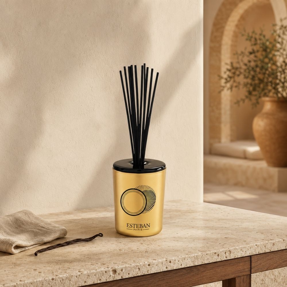 Mikado dorado Ambre & Vanille Étoilée de Esteban Paris sobre encimera de piedra clara, junto a una vaina de vainilla natural y arco mediterráneo de fondo – D'Arome