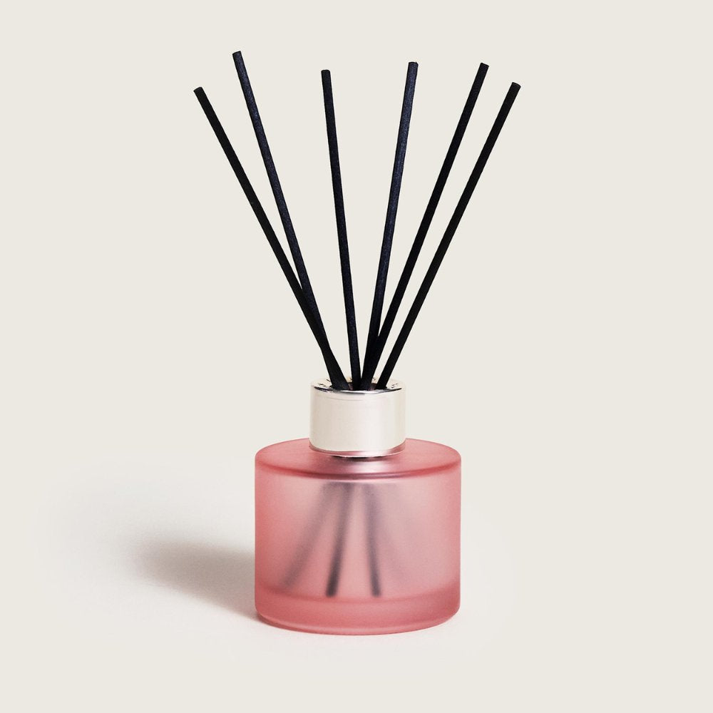 Mini Mikado Rosa Escarchado Maison Berger vista frontal con 6 varillas negras de fibra