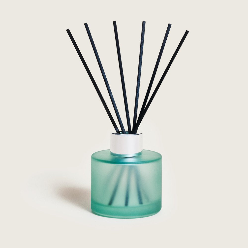 Mini Mikado Verde Escarchado Maison Berger vista frontal con 6 varillas negras de fibra