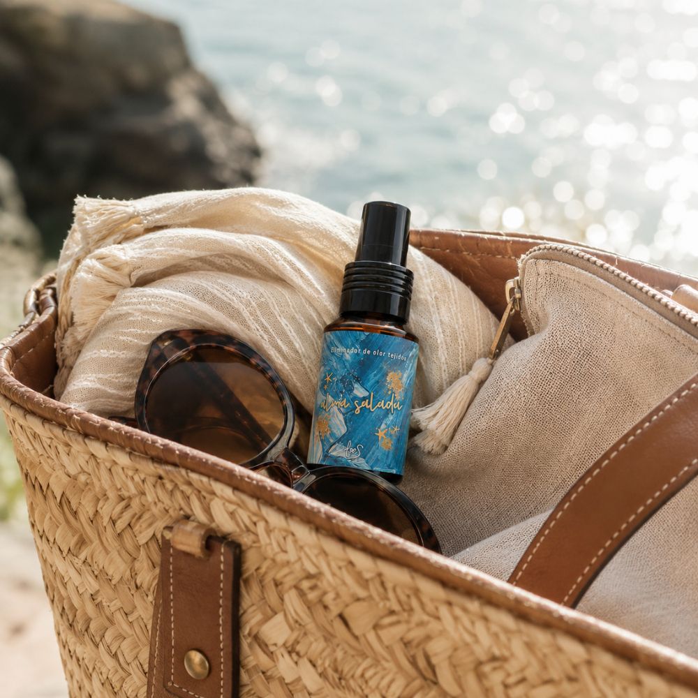 Mini spray textil Alma Salada de LoeS de 50 ml dentro de un capazo de rafia con pareo y gafas de sol frente al mar – D'Arome