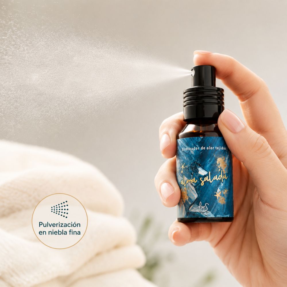 Detalle de la pulverización en niebla fina del mini spray textil Alma Salada de LoeS, ideal para perfumar tejidos delicados sin manchar – D'Arome