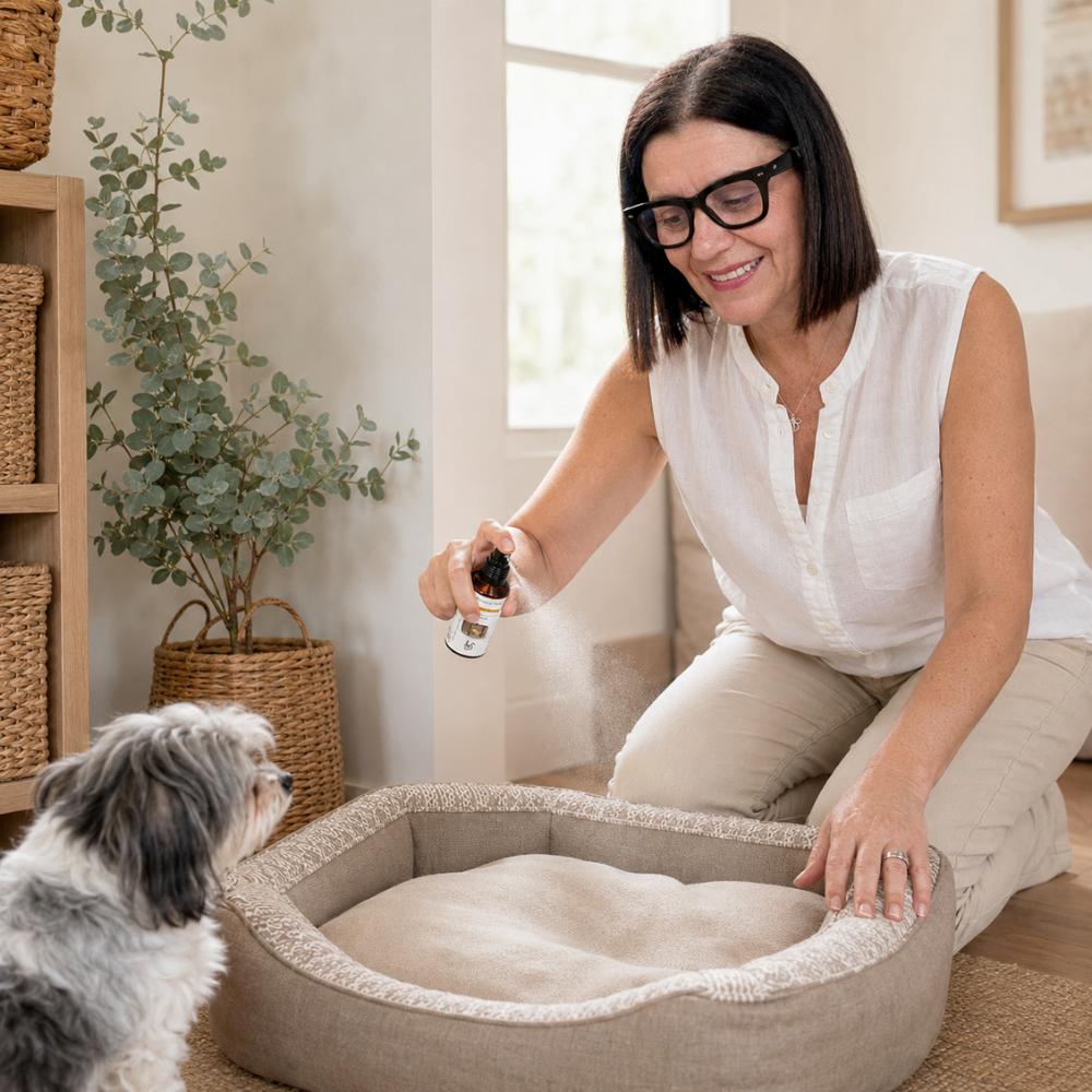 Mari Carmen, CEO y experta en aromas de D'Arome, pulveriza el mini spray textil Nuevos Comienzos de LoeS sobre la cama de su perro para eliminar olor a mascota en casa – D'Arome