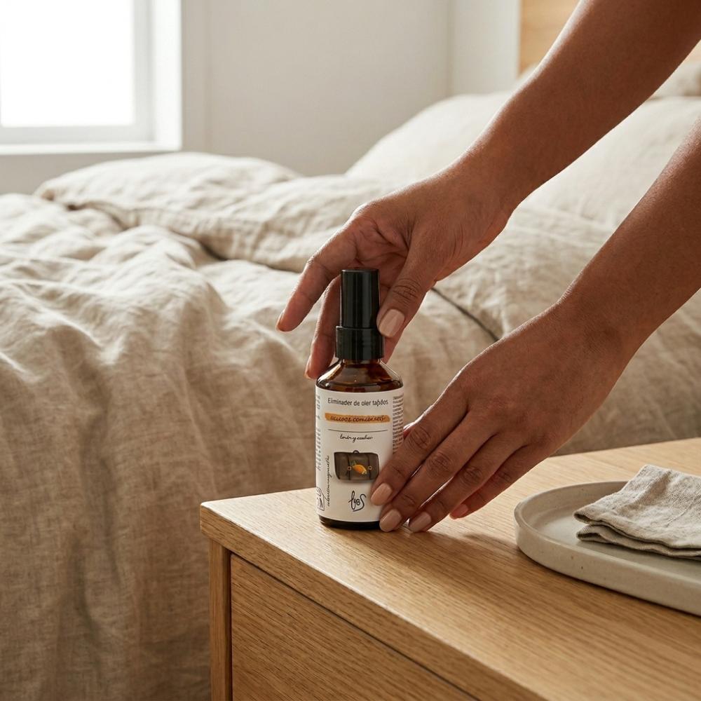 Mini spray textil eliminador de olores Nuevos Comienzos 50ml de LoeS colocado en mesita de noche junto a la cama como ritual nocturno para refrescar sábanas – D'Arome
