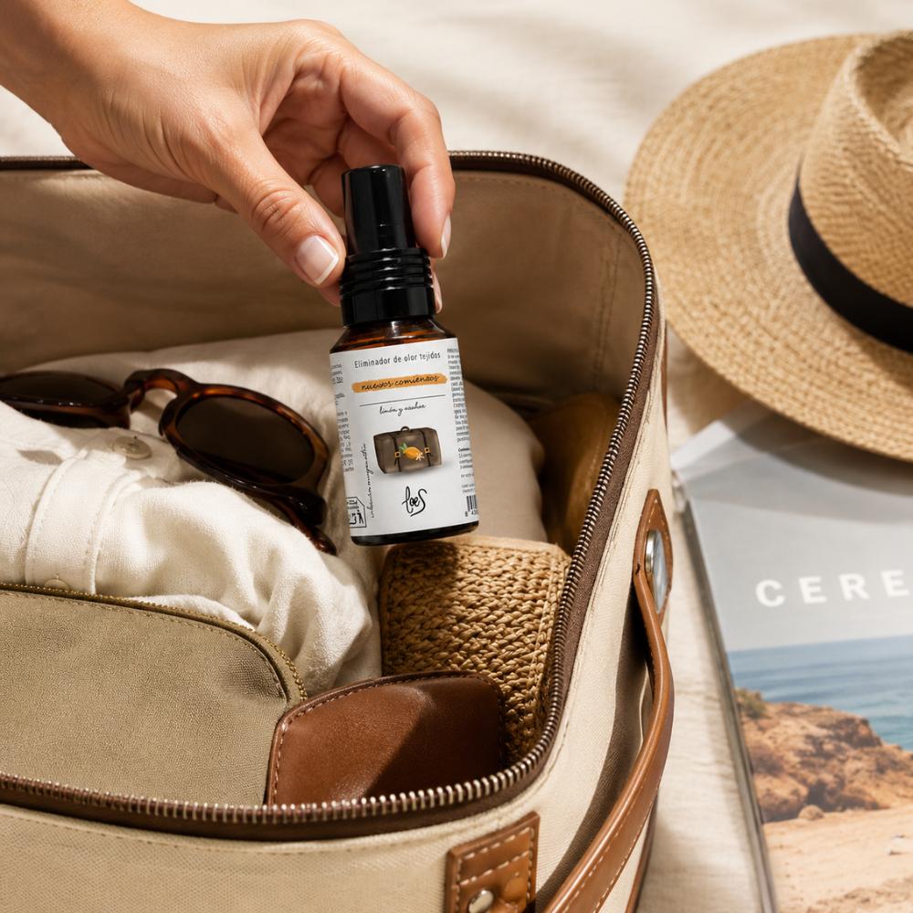 Mini spray textil eliminador de olores Nuevos Comienzos 50ml de LoeS dentro de neceser de viaje con gafas de sol y sombrero, formato apto para equipaje de mano y avión – D'Arome