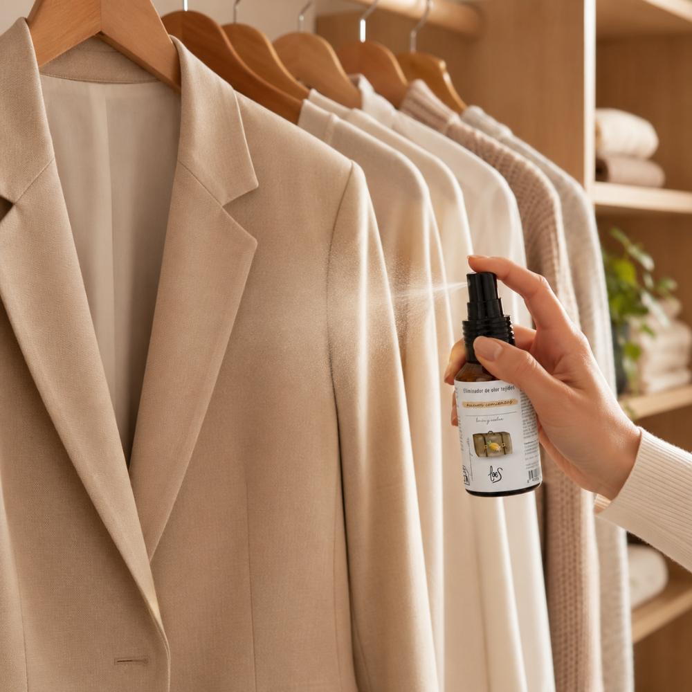 Aplicación del mini spray textil eliminador de olores Nuevos Comienzos 50ml de LoeS con limón y azahar sobre chaquetas en armario para eliminar olor a cerrado – D'Arome