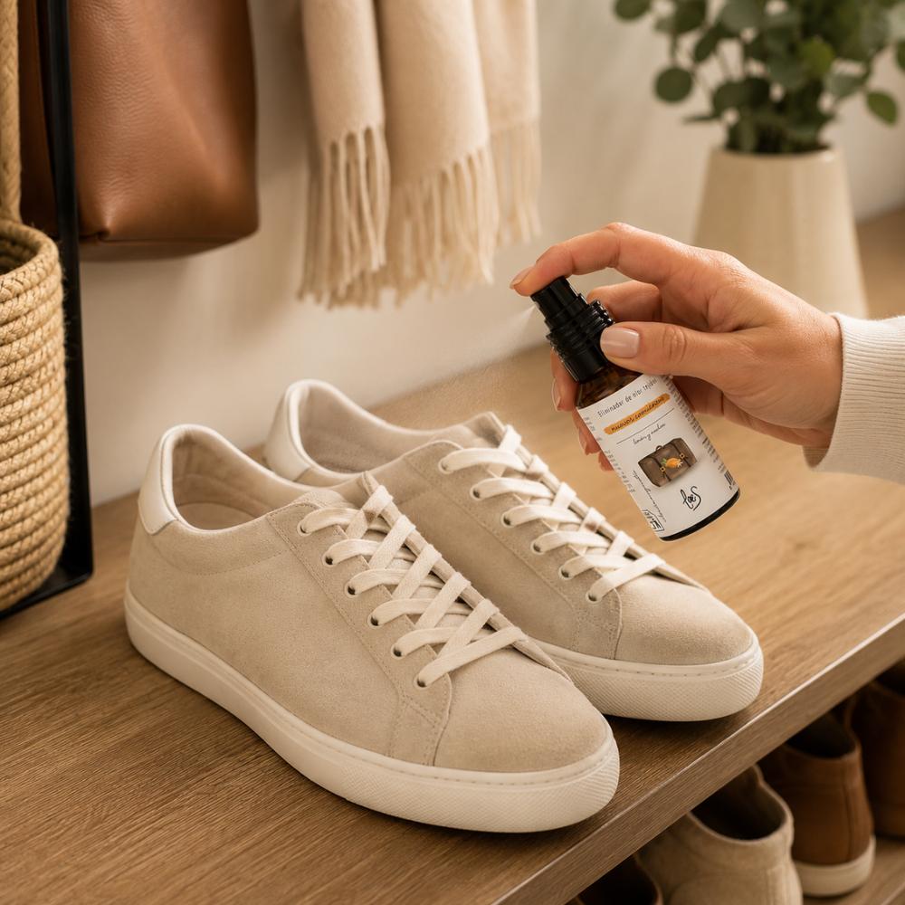 Aplicación del mini spray textil eliminador de olores Nuevos Comienzos 50ml de LoeS sobre zapatillas en zapatero para neutralizar mal olor de calzado – D'Arome