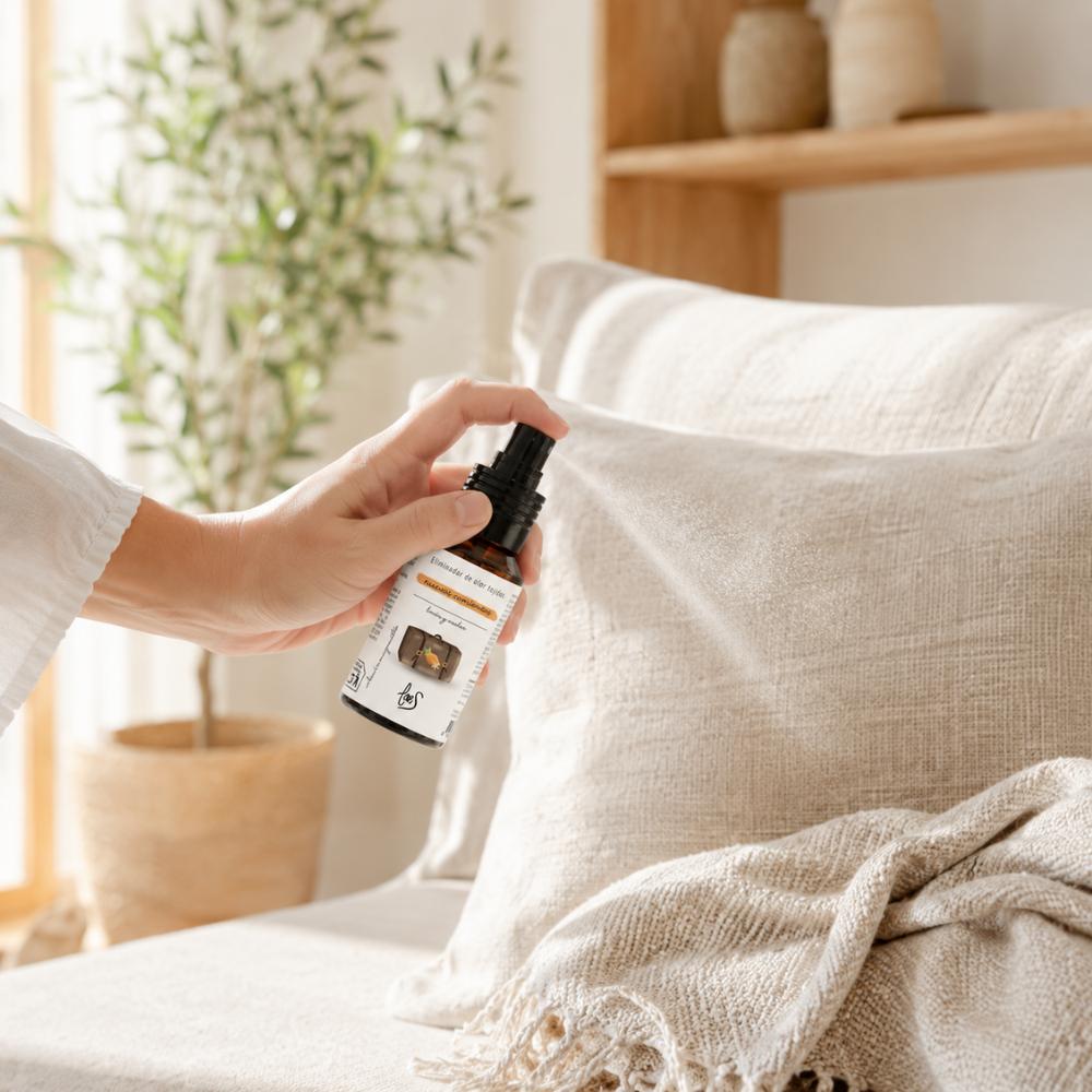 Aplicación del mini spray textil eliminador de olores Nuevos Comienzos 50ml de LoeS sobre cojines y manta del sofá en salón luminoso para neutralizar olores – D'Arome