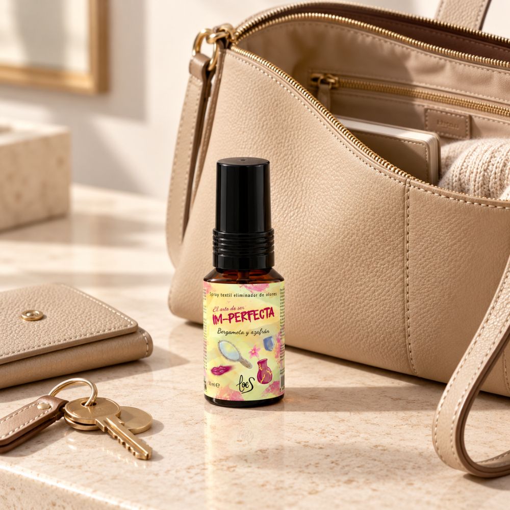 Mini spray Im-Perfecta de LoeS junto a un bolso y llaves, el formato de bolsillo perfecto para llevar tu aroma favorito a todas partes – D'Arome