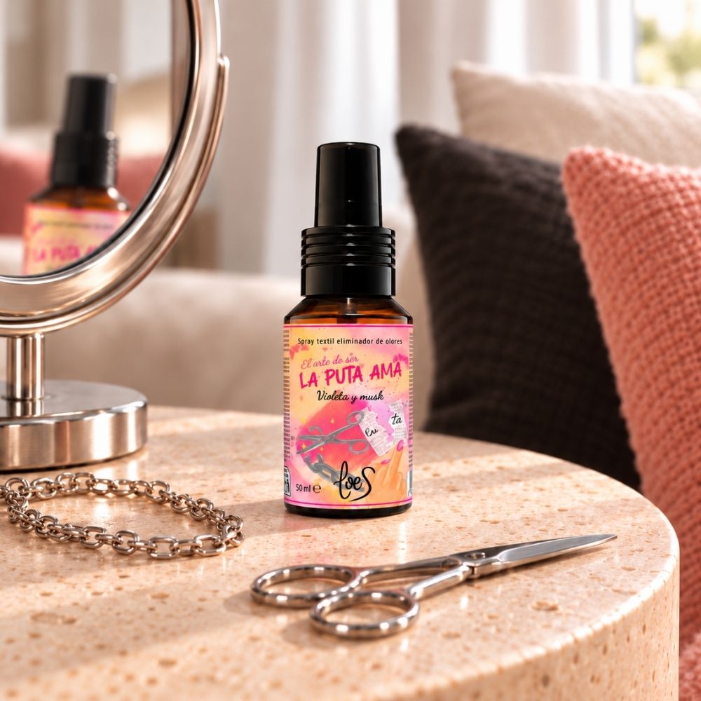Mini spray textil La Puta Ama de LoeS en una mesita de piedra junto a un espejo, una cadena rota y unas tijeras, colección Empoder-arte – D’Arome