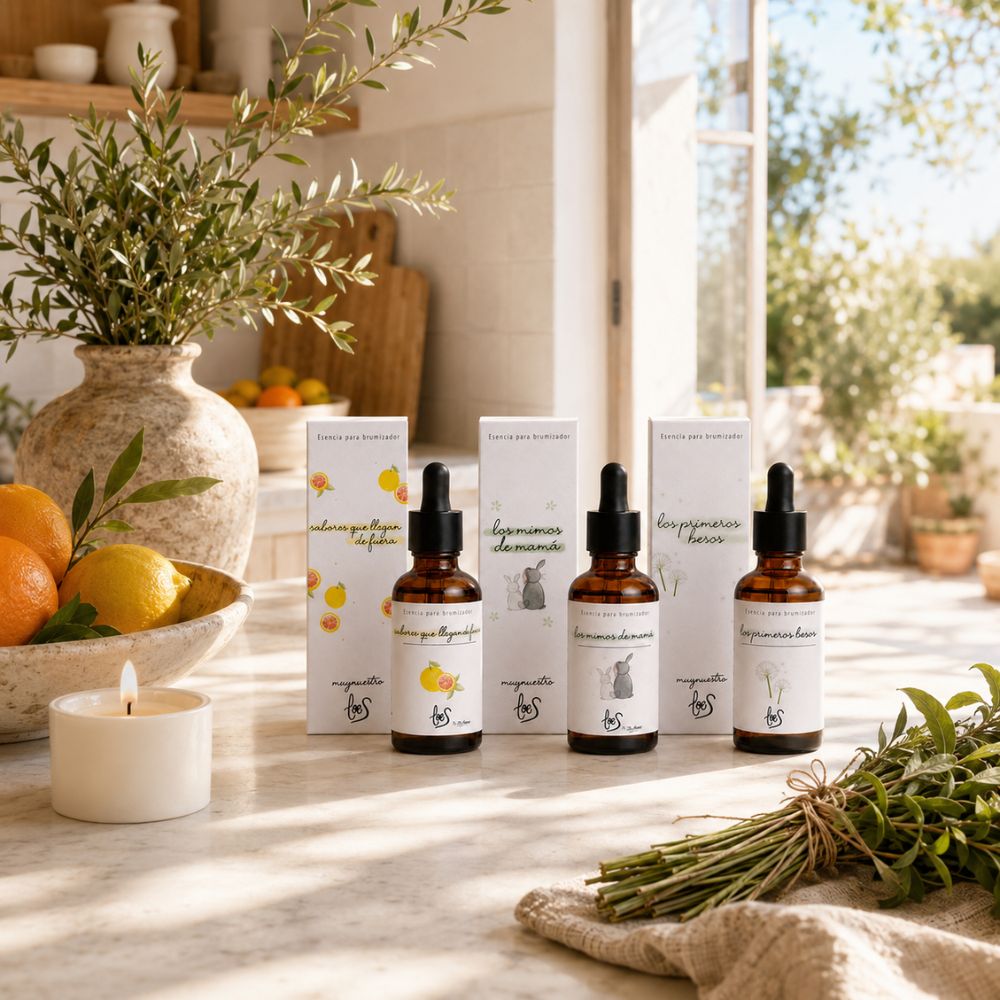 Pack tres aromas cítricos LoeS sobre mármol en cocina mediterránea con cuenco de cítricos, rama de olivo, vela encendida y romero fresco – D'Arome