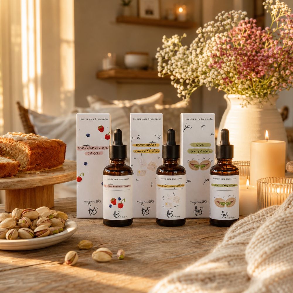 Bodegón aspiracional del pack de aromas dulces LoeS sobre mesa de madera con bizcocho casero, pistachos, ramo de flores y velas en luz dorada de tarde, estilo cottagecore – D'Arome