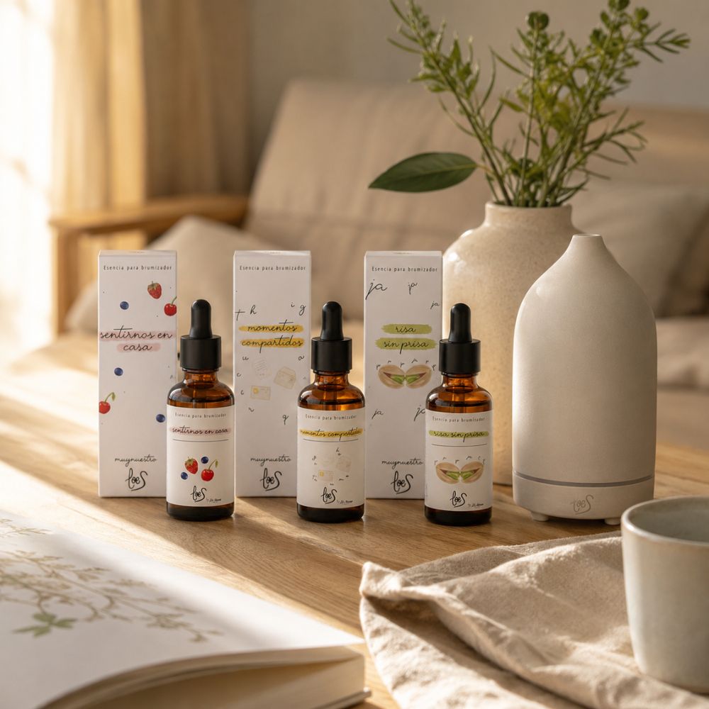 Pack de aromas dulces LoeS sobre mesa de madera junto al difusor de cerámica blanca LoeS en un dormitorio luminoso con jarrón y libro abierto – D'Arome