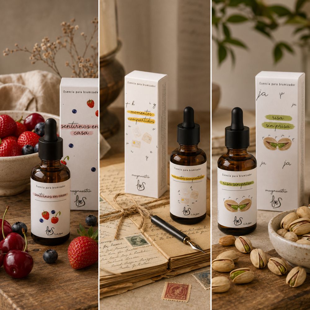 Tríptico de storytelling del pack de aromas dulces LoeS representando los aromas Sentirnos en Casa con frutos rojos, Momentos Compartidos con cartas a mano y Risa sin Prisa con pistachos – D'Arome