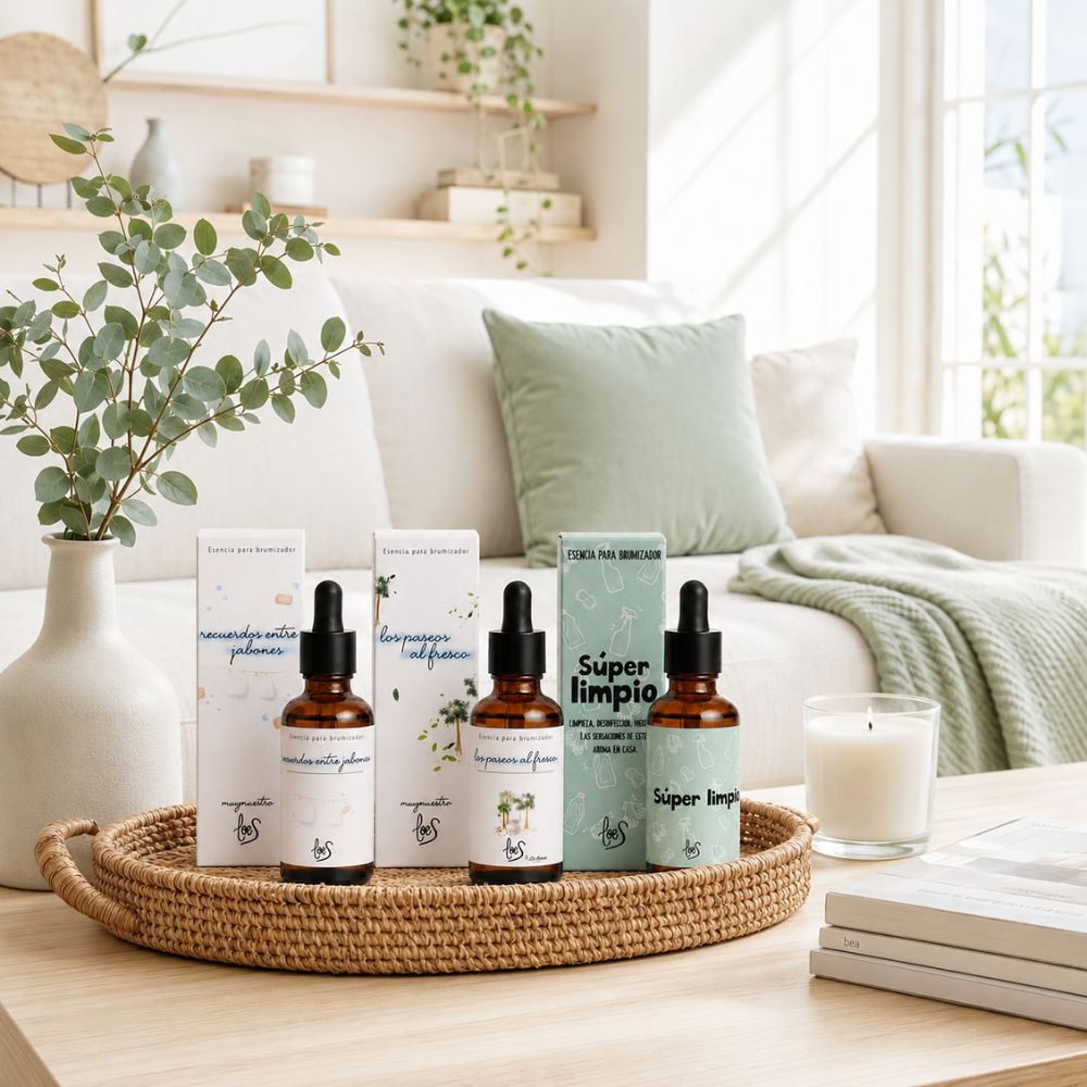 Pack de tres esencias limpias LoeS sobre bandeja de ratán en salón nórdico con manta verde salvia, vela y eucalipto – D'Arome