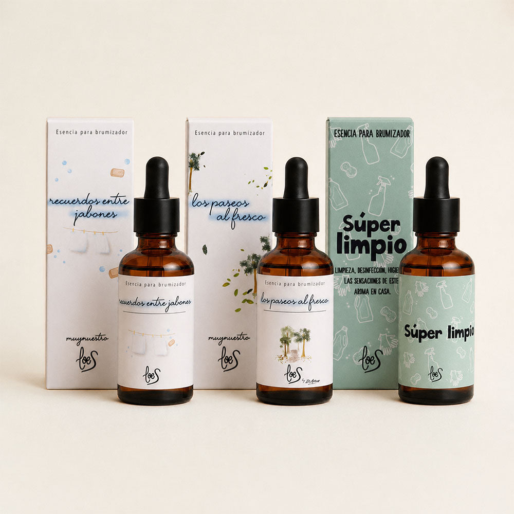 Pack de aromas limpios LoeS con tres esencias para difusor: Recuerdos entre Jabones, Los Paseos al Fresco y Súper Limpio con sus cajas ilustradas – D'Arome