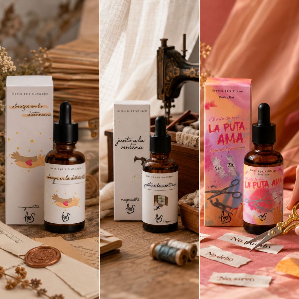 Tríptico de storytelling del pack de aromas orientales LoeS representando los aromas Abrazos en la Distancia con cartas y lacre, Junto a la Ventana con máquina de coser antigua y La Puta Ama con tijeras cortando etiquetas – D'Arome