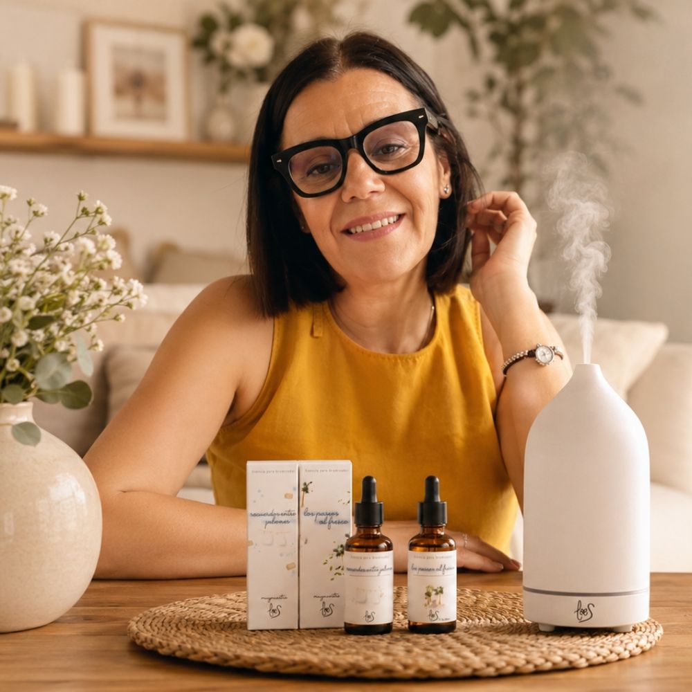 Mari Carmen, CEO de Loes, mostrando el pack de dos esencias top ventas junto al difusor de aromas Tempo blanco perfumando en salón.