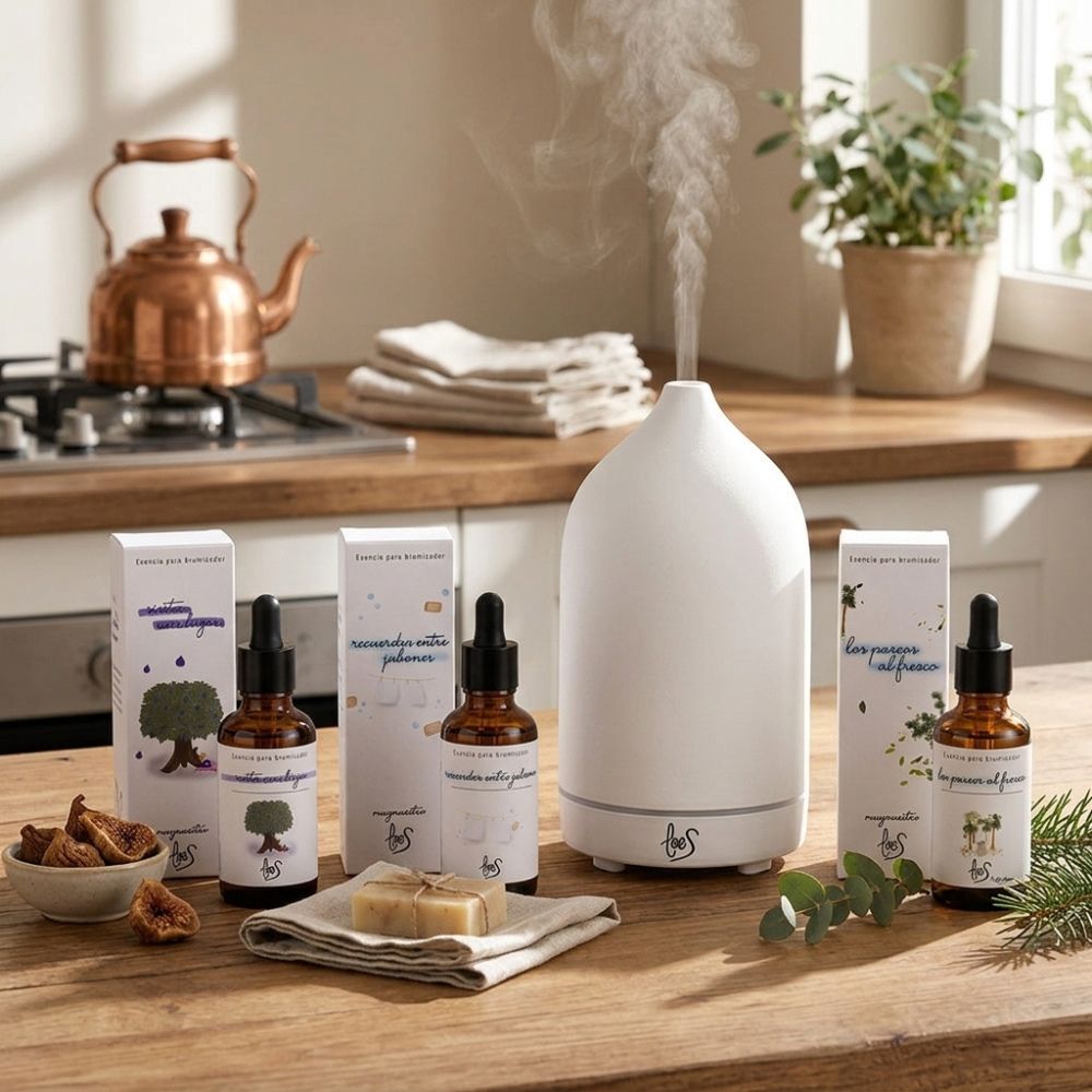 Pack TOP VENTAS LoeS con difusor encendido en cocina mediterránea con tetera de cobre, higos secos y eucalipto — los 3 aromas más vendidos de LoeS