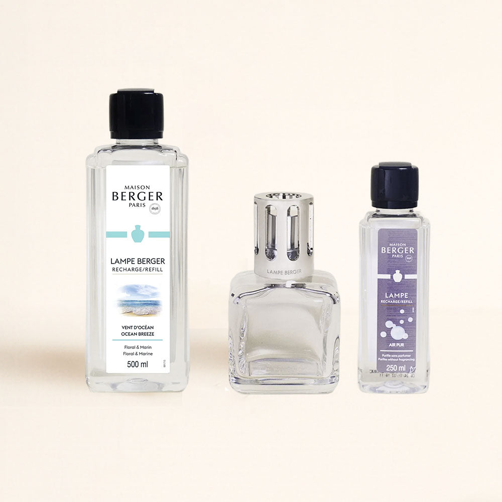 Pack Stop Alergias D'Arome con lámpara catalítica Berger Glaçon transparente y aroma Vent d'Océan 500ml para purificar el aire en hogares con alergias