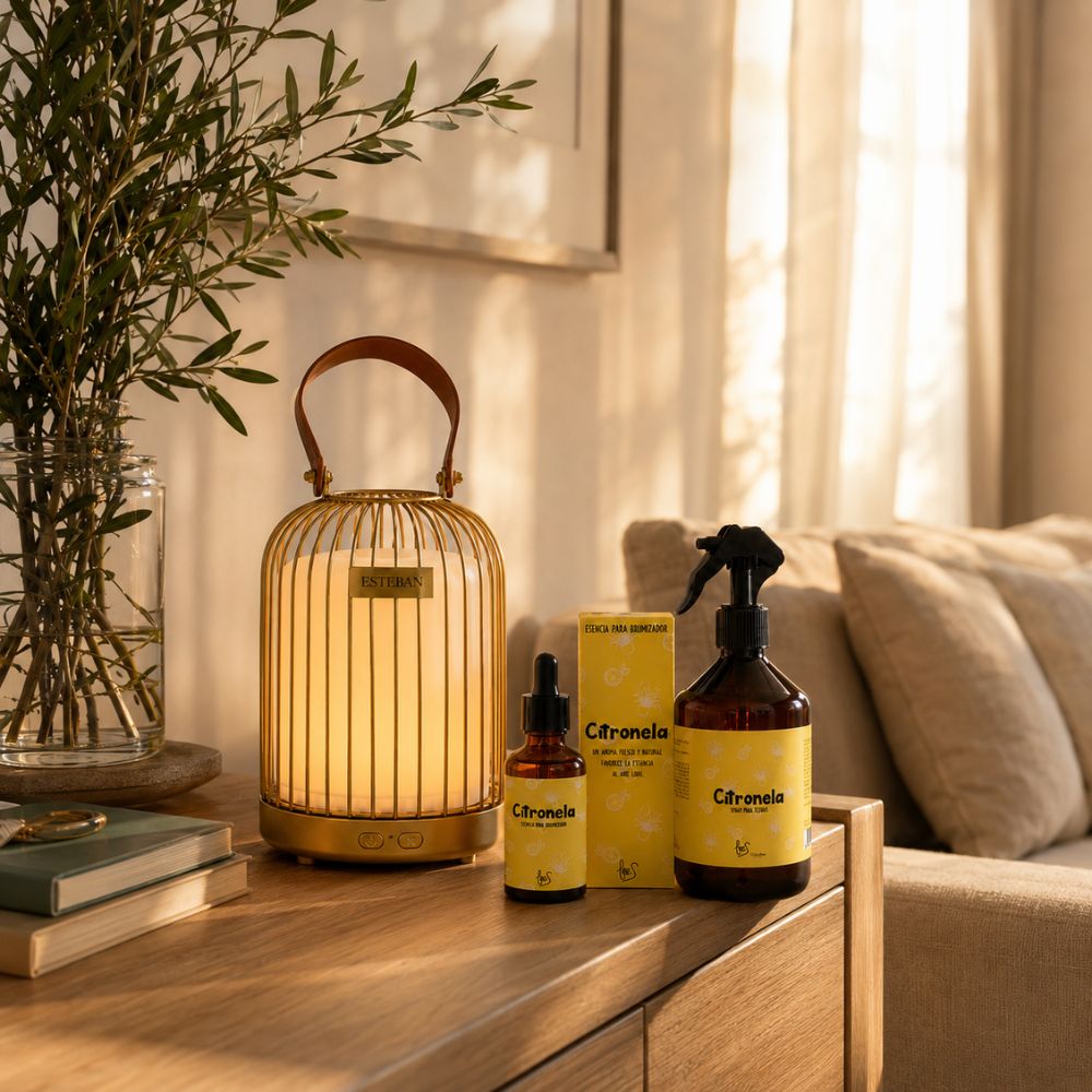 Pack Anti-Mosquitos D'Arome con difusor farol Esteban dorado encendido y citronela LoeS en mesita de salón, ambientador anti-mosquitos para el hogar – D'Arome