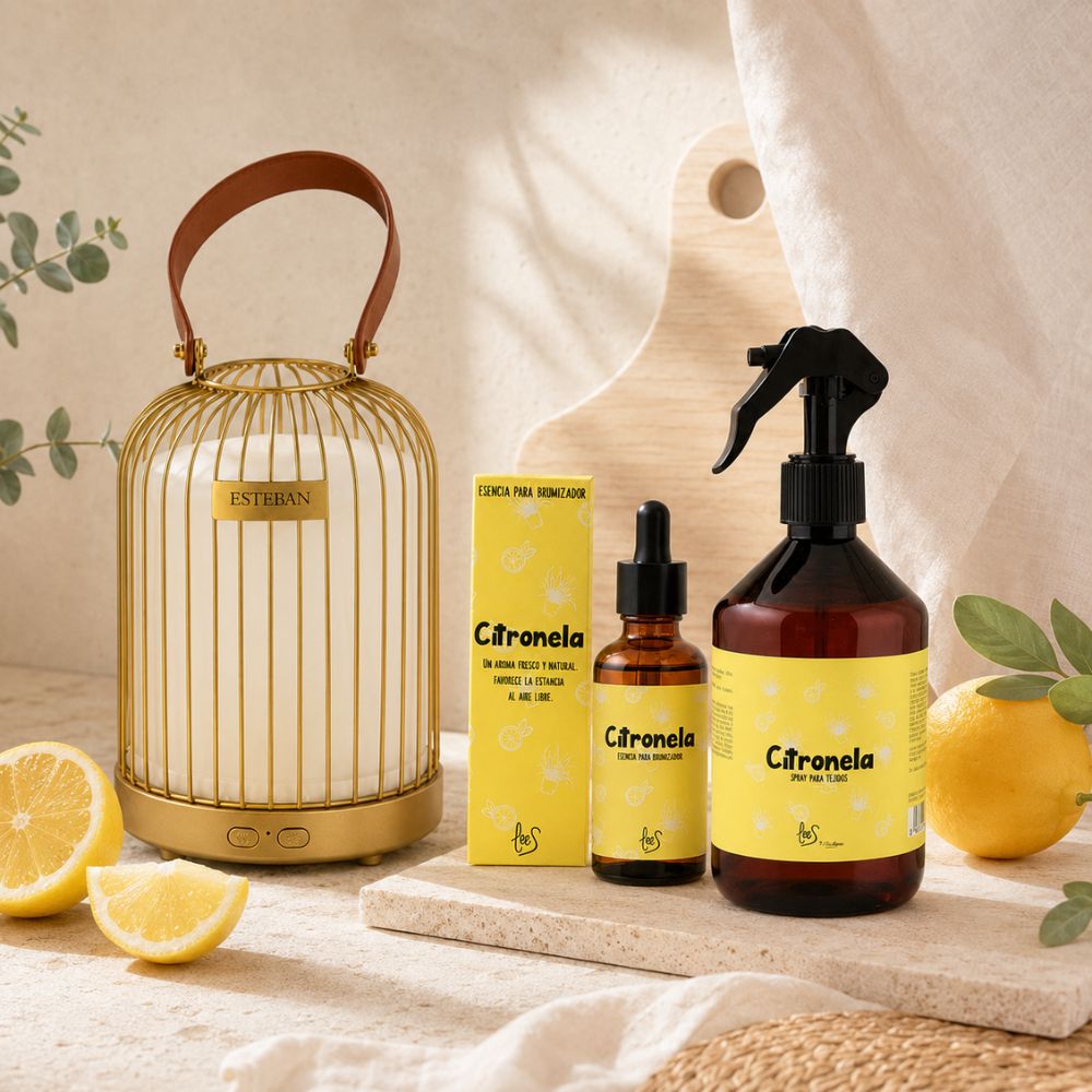 Pack Anti-Mosquitos LoeS completo: difusor inalámbrico farol Esteban dorado, esencia citronela para brumizador y spray tejidos citronela, con limones frescos – D'Arome