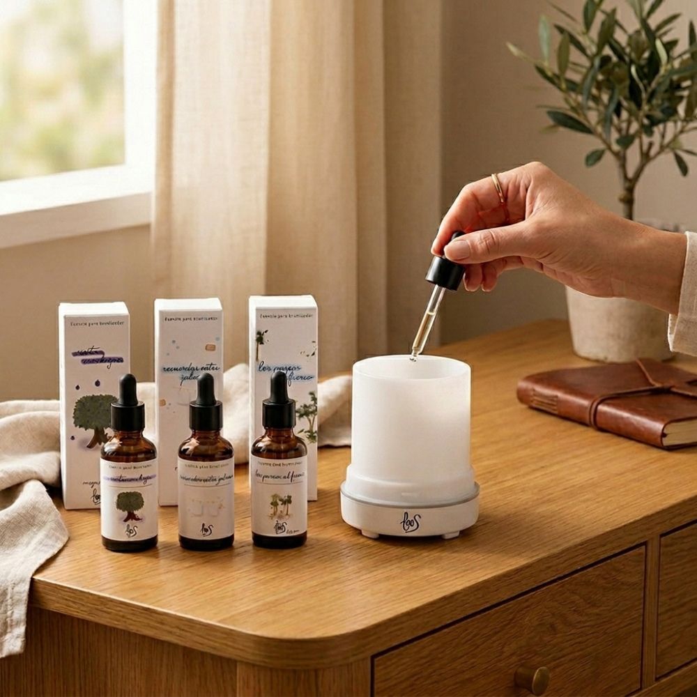 Cómo usar el Pack 3 esencias LoeS: echar gotas de esencia con la pipeta de cristal en el difusor de aromas — ritual de perfumado del hogar