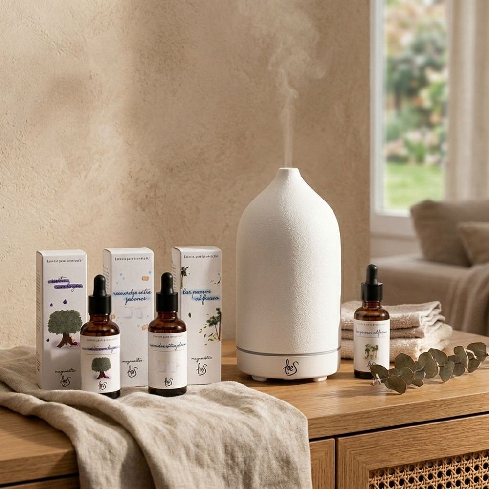 Pack top ventas LoeS con difusor cerámico emitiendo vapor y 3 esencias para brumizador Siesta con Higos, Recuerdos entre Jabones y Los Paseos al Fresco con cajas en mueble de salón – D'Arome