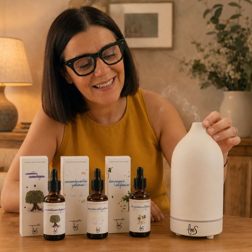 Mari Carmen, CEO y experta en aromas de D'Arome, disfruta del pack top ventas LoeS con 3 esencias para brumizador y difusor cerámico emitiendo vapor aromático en su salón – D'Arome