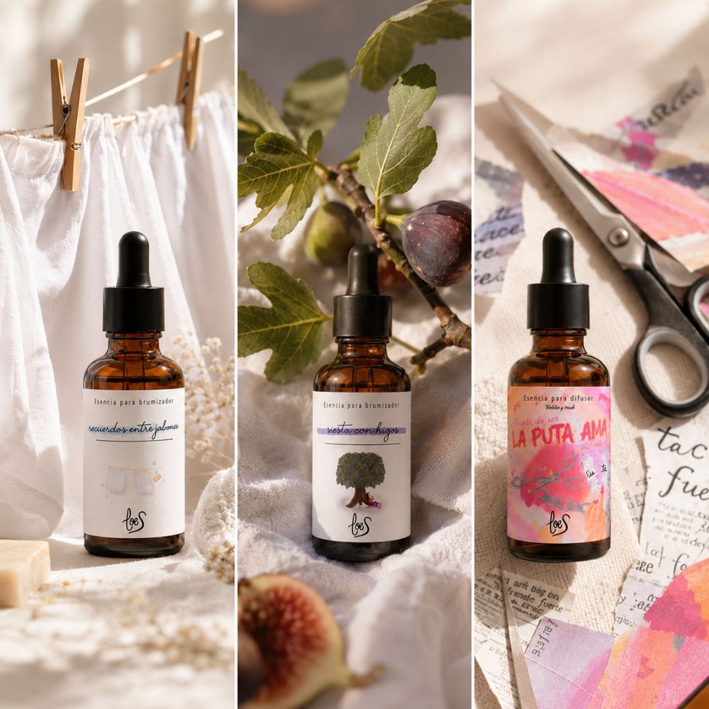 Tríptico de storytelling del pack top ventas LoeS con las tres esencias para difusor Recuerdos entre Jabones, Siesta con Higos y La Puta Ama representando sus aromas – D'Arome